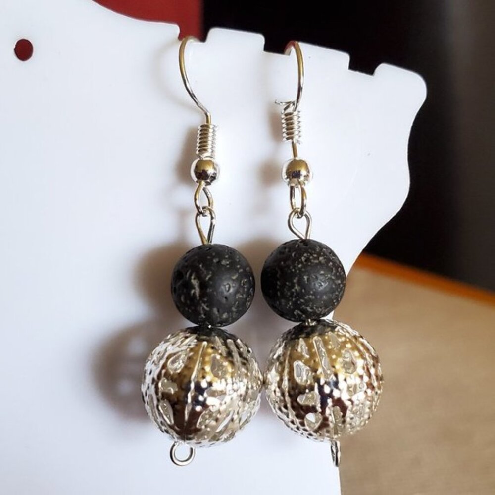 Silver Tone Hook and Bead With Lava Bead Earrings